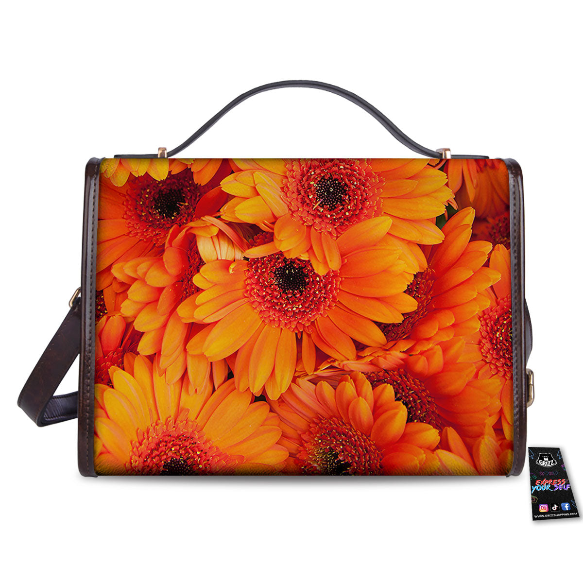 Daisy Orange Flower Print Women's Satchel Bag-grizzshop
