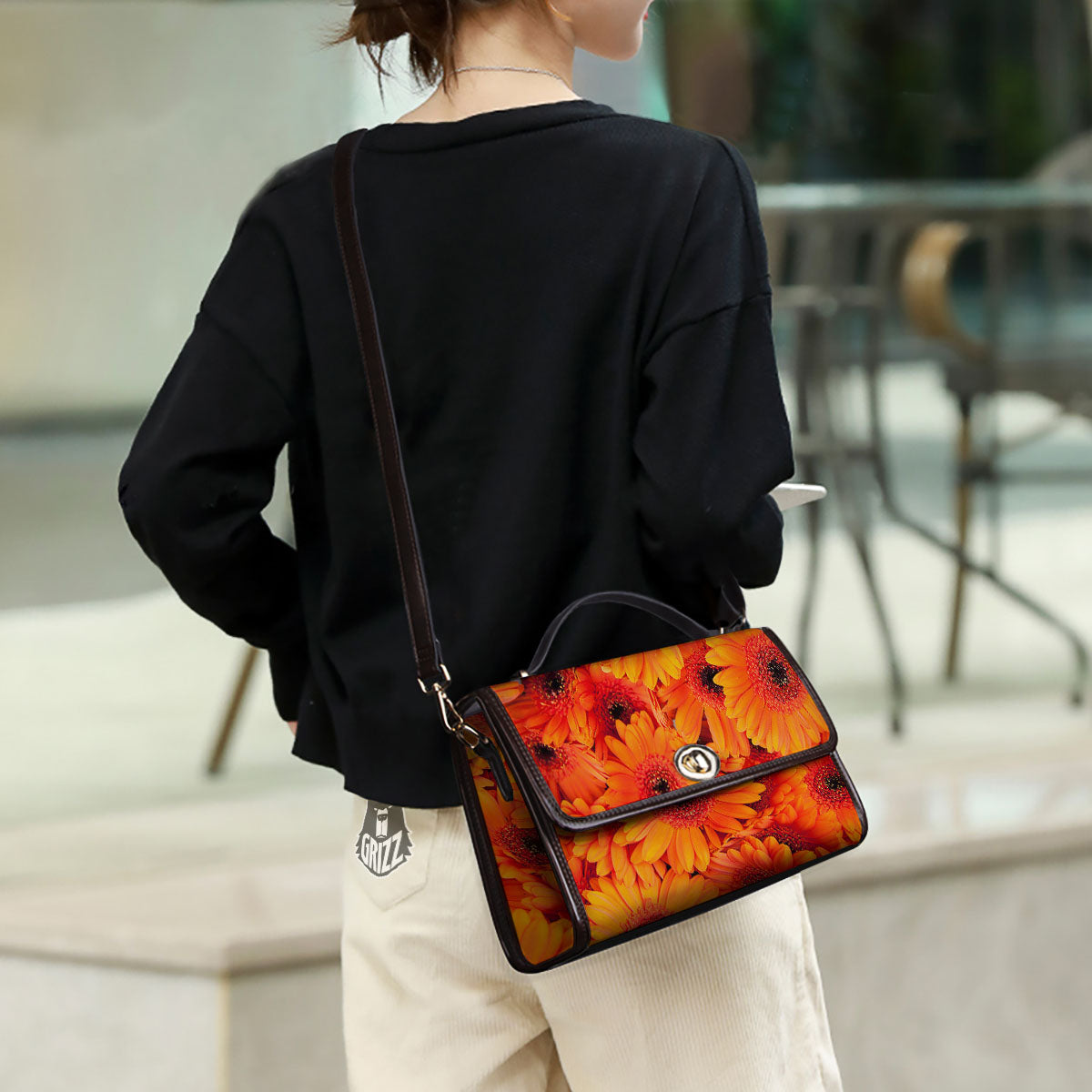 Daisy Orange Flower Print Women's Satchel Bag-grizzshop
