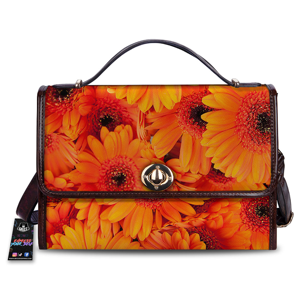 Daisy Orange Flower Print Women's Satchel Bag-grizzshop