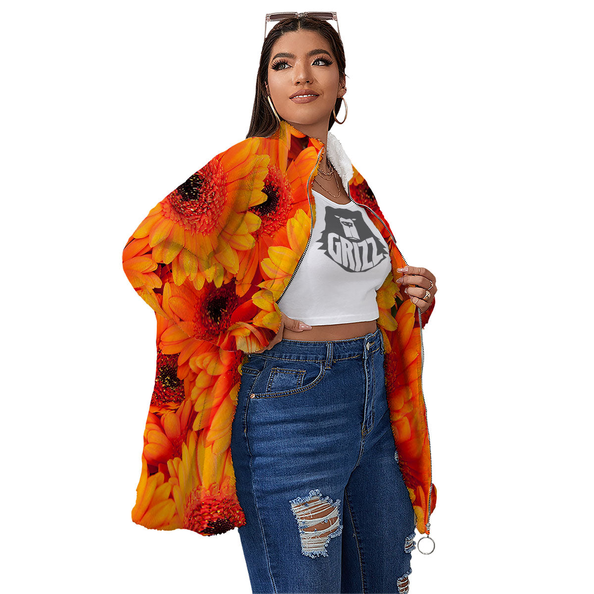 Daisy Orange Flower Print Women's Sherpa Jacket-grizzshop