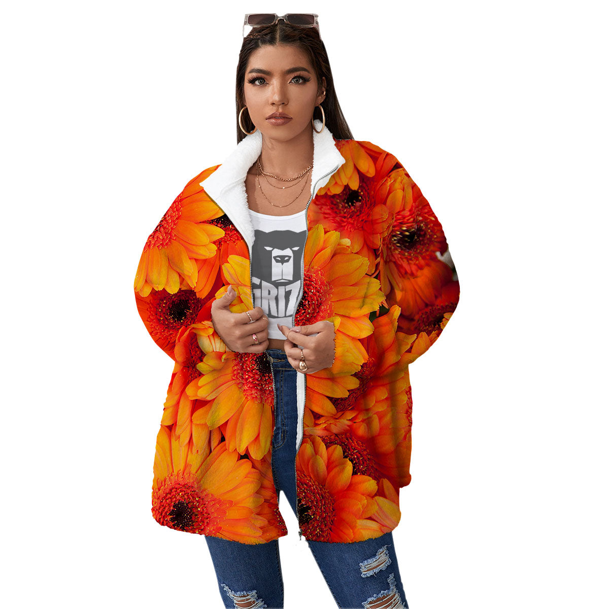 Daisy Orange Flower Print Women's Sherpa Jacket-grizzshop