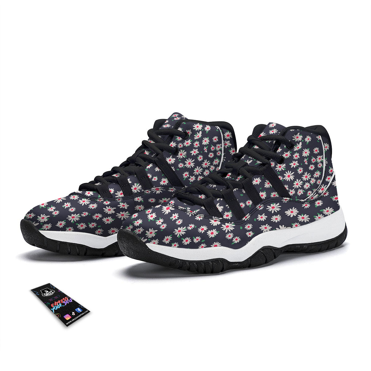 Daisy Pattern Print Black Bball Shoes-grizzshop