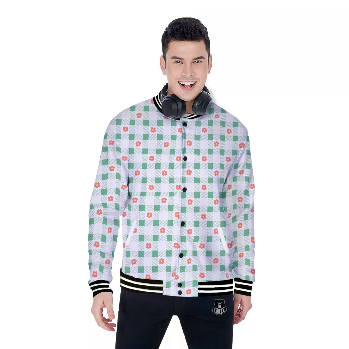 Daisy Tartan Green Print Pattern Baseball Jacket-grizzshop
