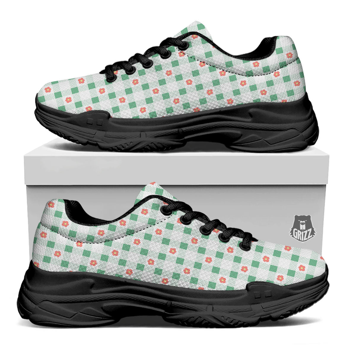 Daisy Tartan Green Print Pattern Black Chunky Shoes-grizzshop