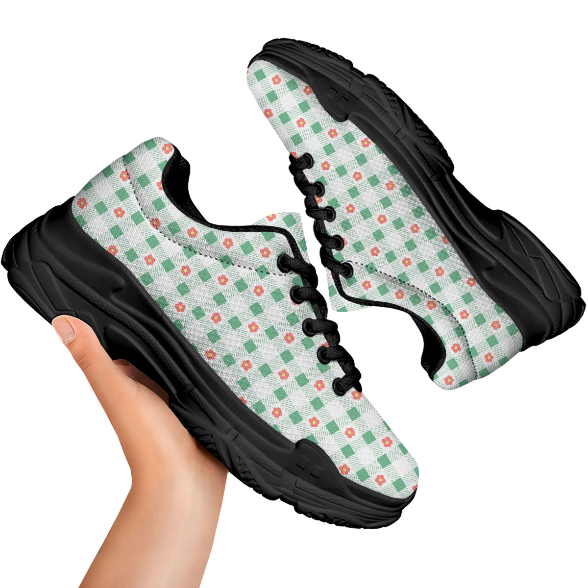 Daisy Tartan Green Print Pattern Black Chunky Shoes-grizzshop