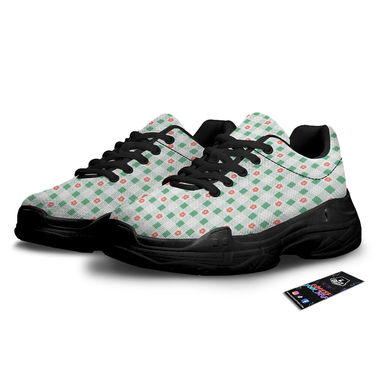 Daisy Tartan Green Print Pattern Black Chunky Shoes-grizzshop