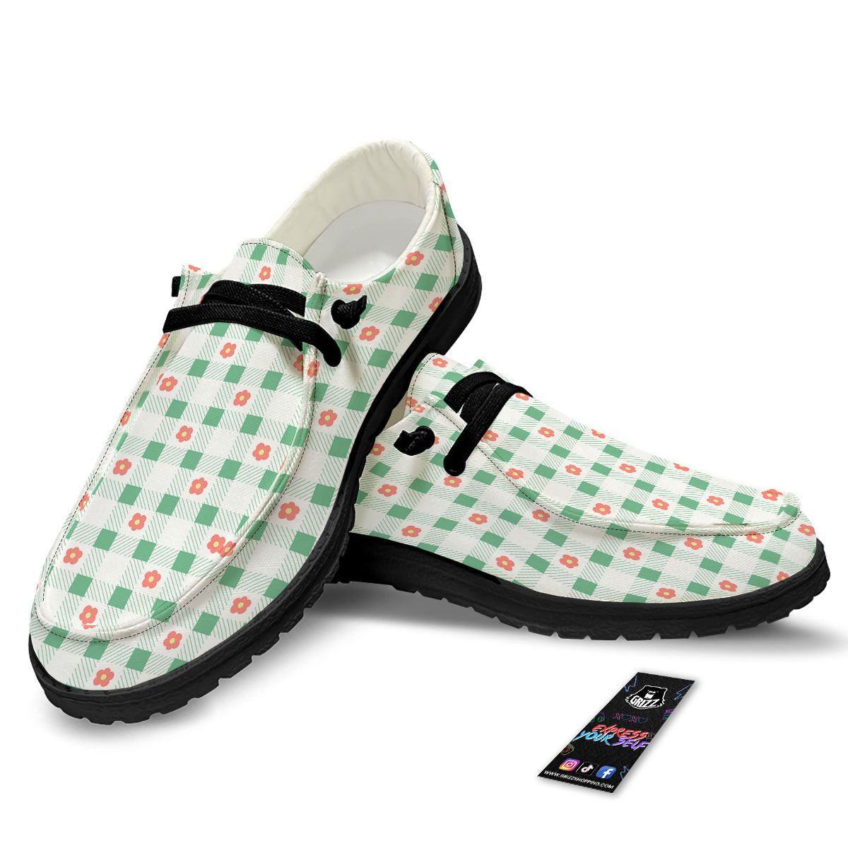 Daisy Tartan Green Print Pattern Black Loafers-grizzshop