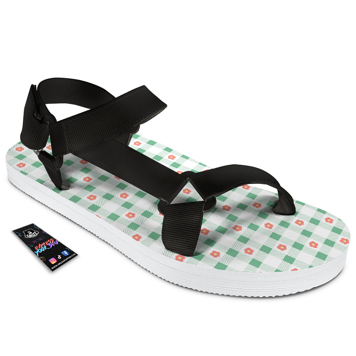 Daisy Tartan Green Print Pattern Black Open Toe Sandals-grizzshop