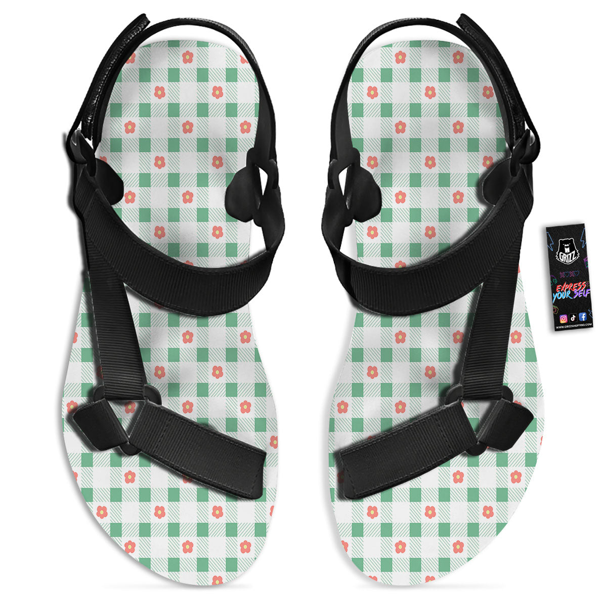 Daisy Tartan Green Print Pattern Black Open Toe Sandals-grizzshop