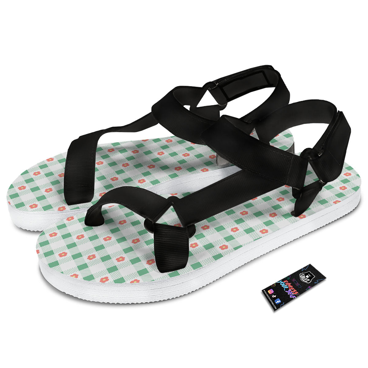Daisy Tartan Green Print Pattern Black Open Toe Sandals-grizzshop