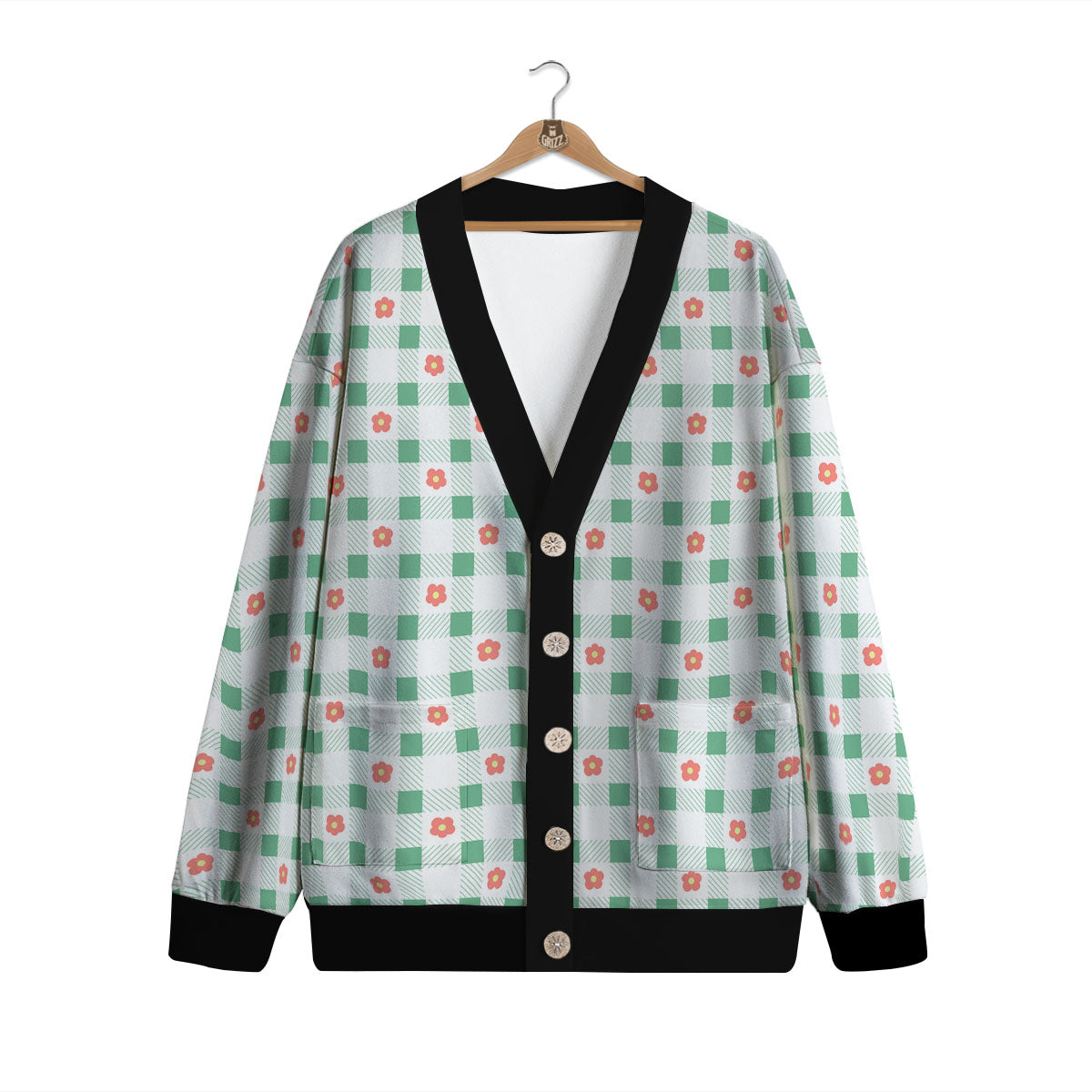 Daisy Tartan Green Print Pattern Cardigan-grizzshop