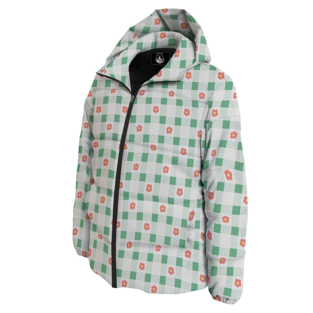 Daisy Tartan Green Print Pattern Down Jacket-grizzshop