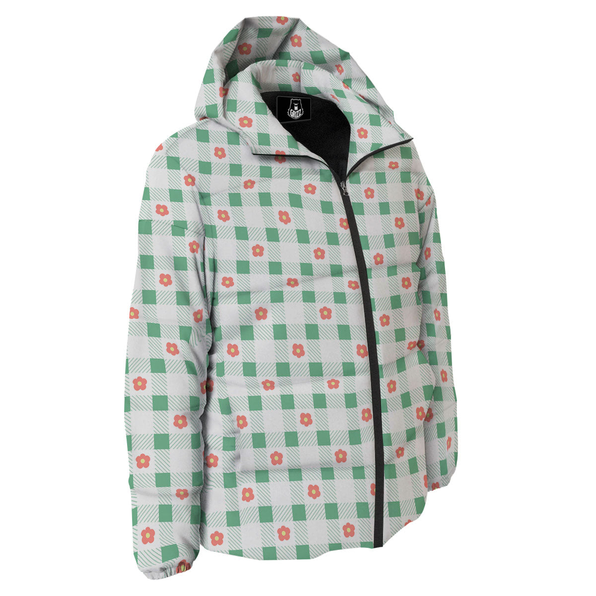 Daisy Tartan Green Print Pattern Down Jacket-grizzshop
