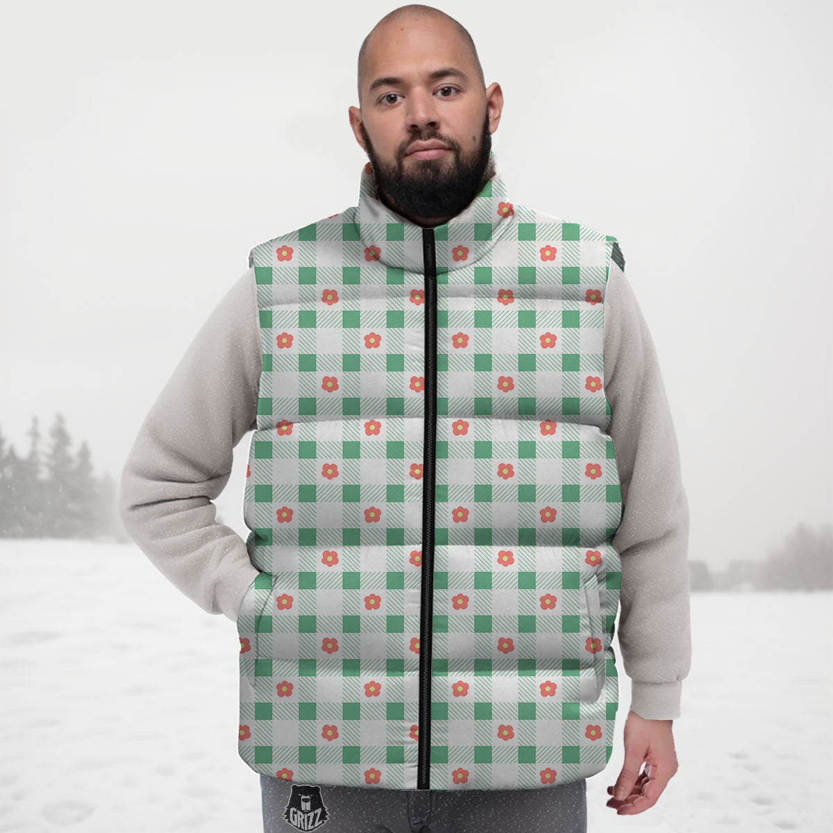 Daisy Tartan Green Print Pattern Down Vest