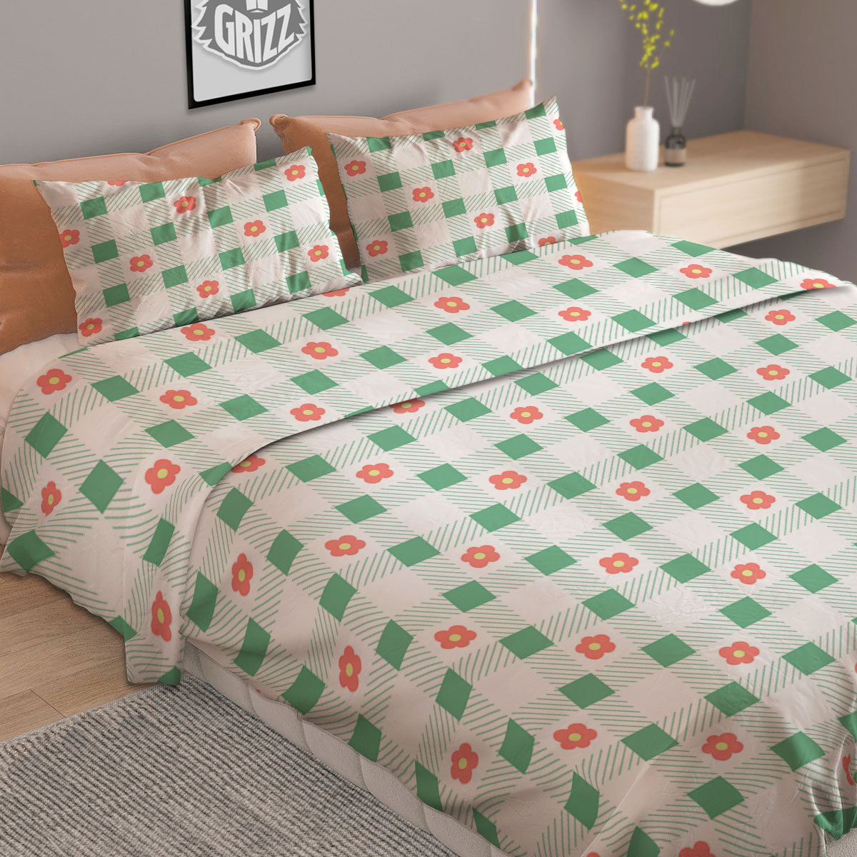 Daisy Tartan Green Print Pattern Duvet Cover Bedding Set