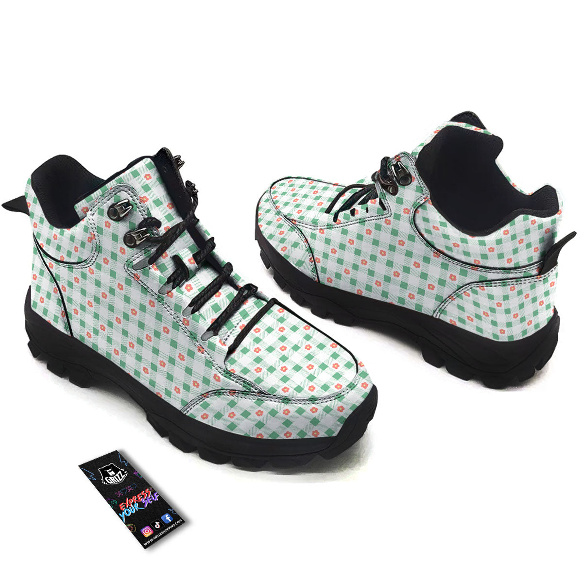 Daisy Tartan Green Print Pattern Hiking Shoes-grizzshop