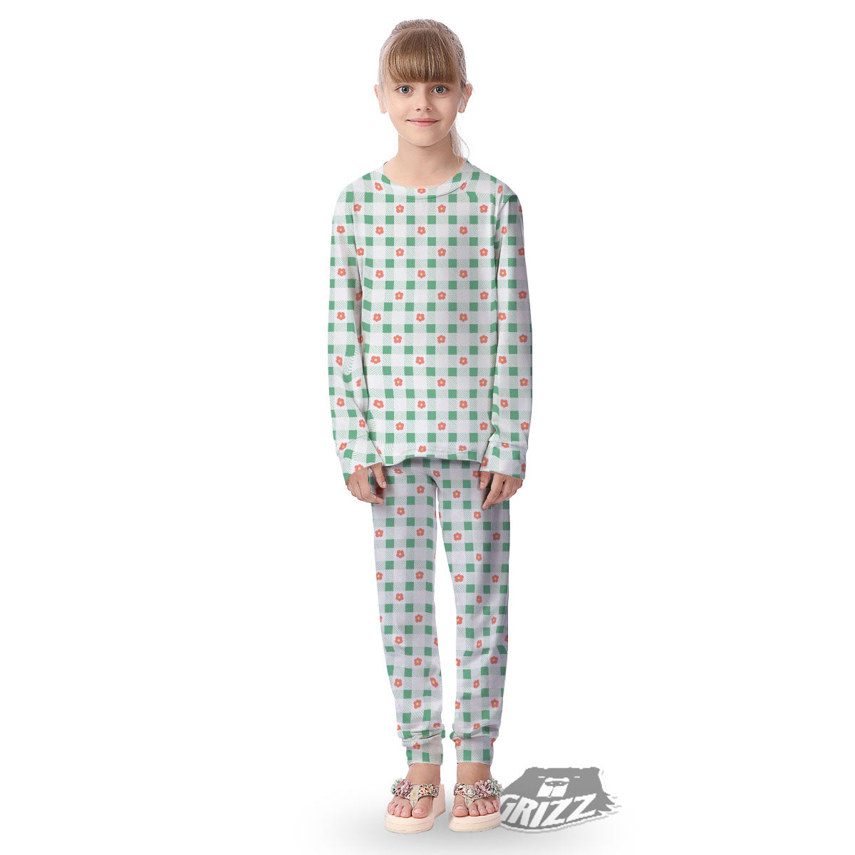 Daisy Tartan Green Print Pattern Kid's Pajamas-grizzshop