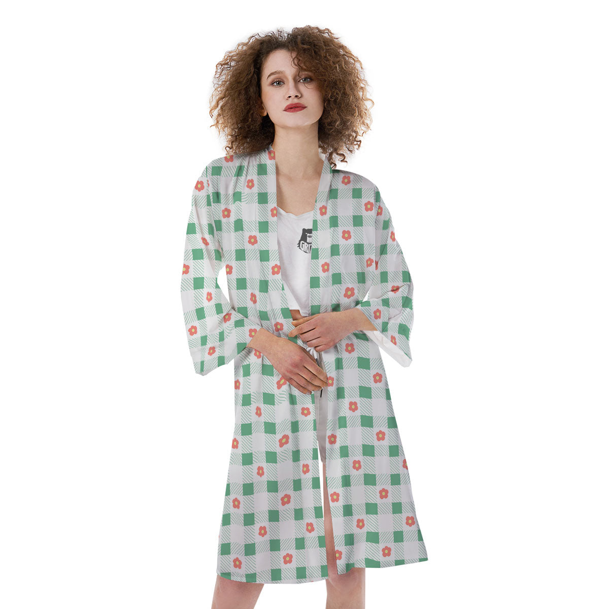 Daisy Tartan Green Print Pattern Kimono-grizzshop