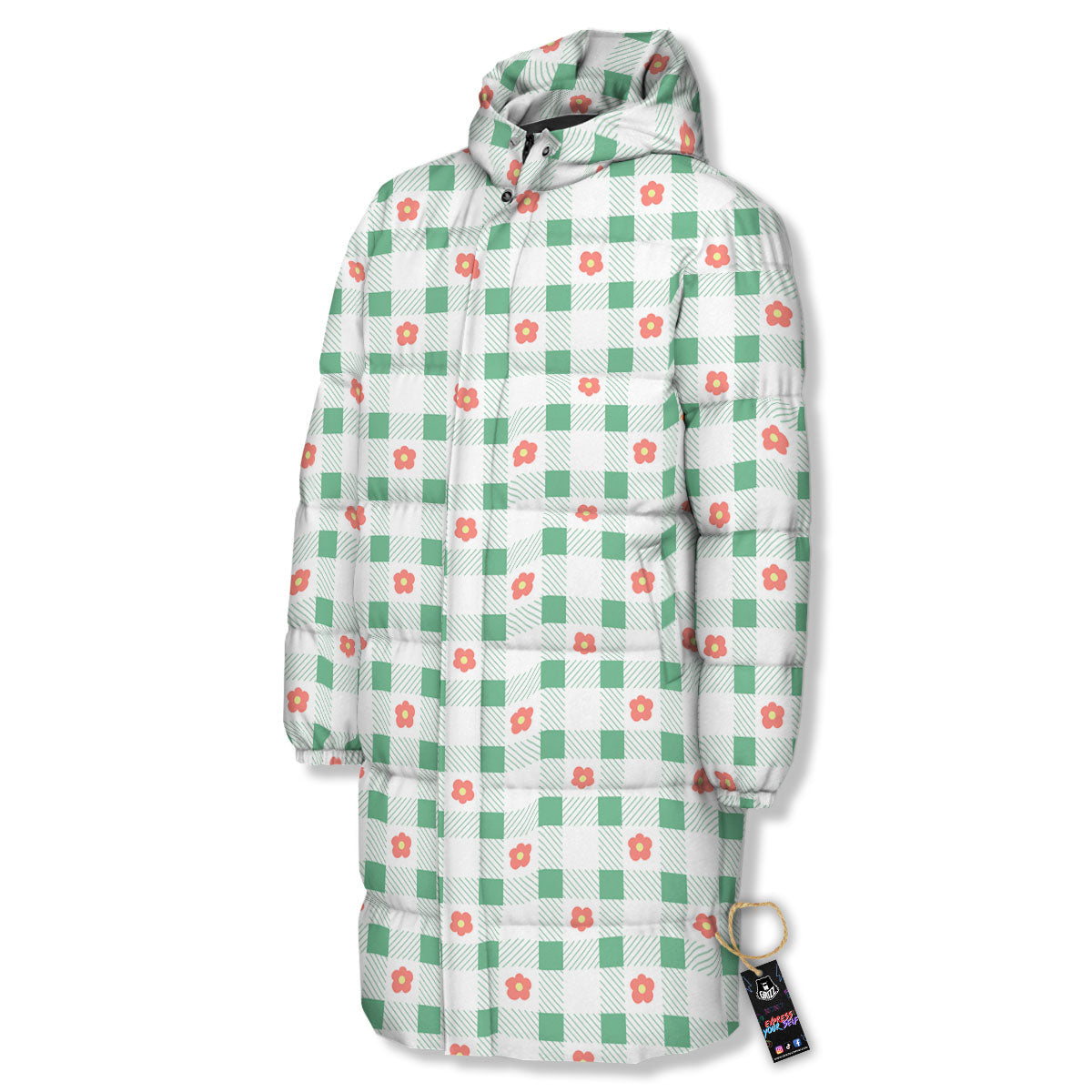 Daisy Tartan Green Print Pattern Long Down Jacket-grizzshop