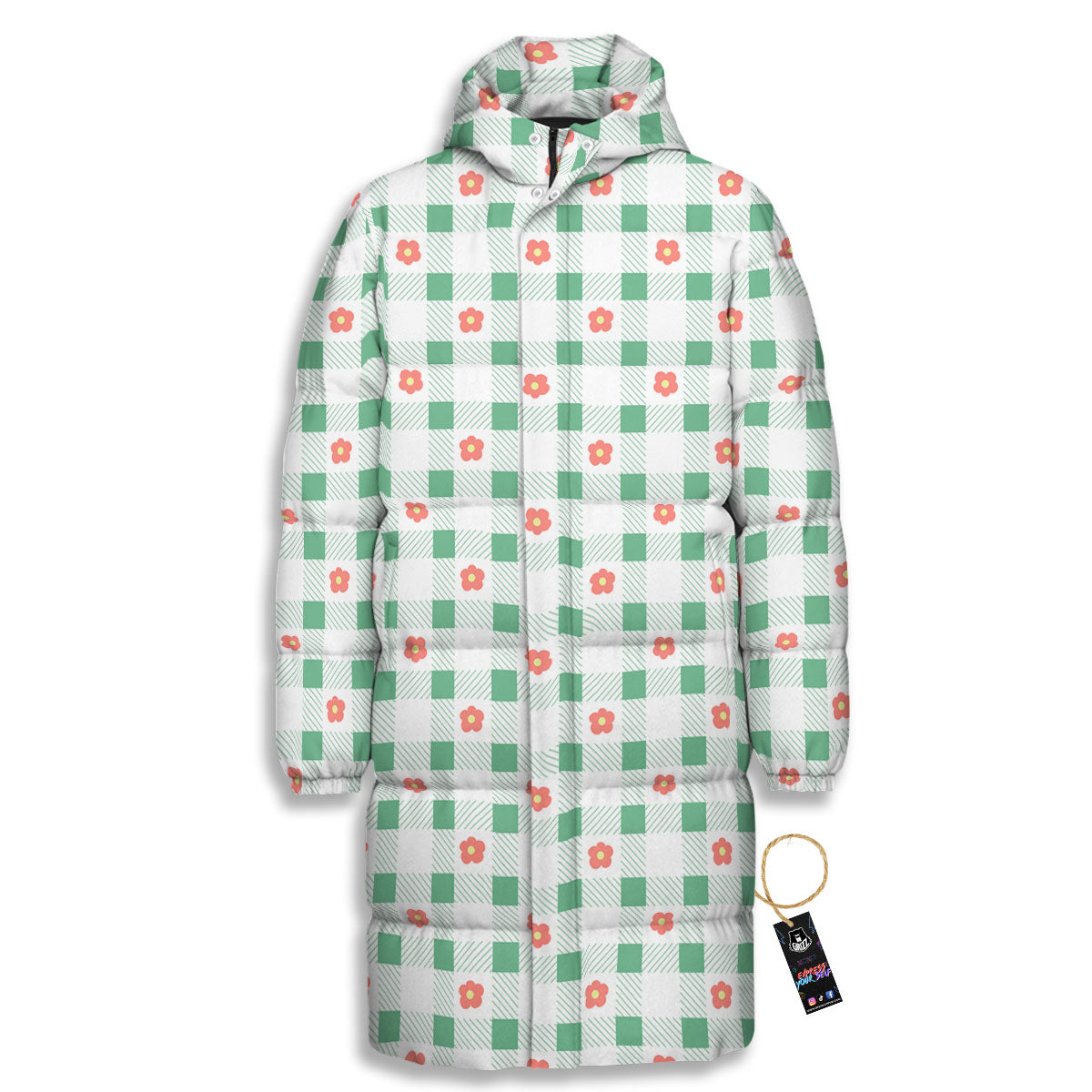 Daisy Tartan Green Print Pattern Long Down Jacket-grizzshop