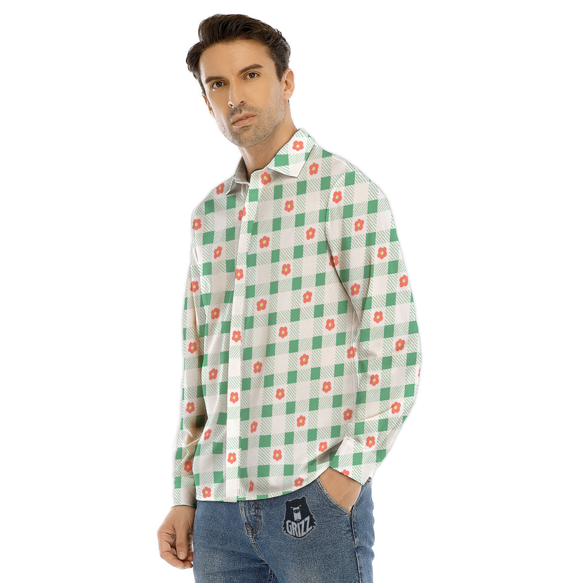 Daisy Tartan Green Print Pattern Men's Dress Shirts-grizzshop