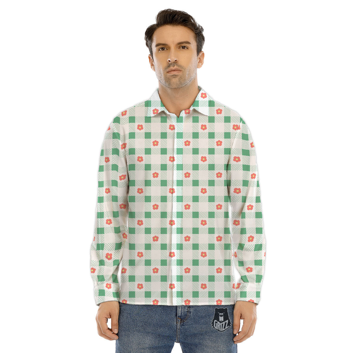 Daisy Tartan Green Print Pattern Men's Dress Shirts-grizzshop