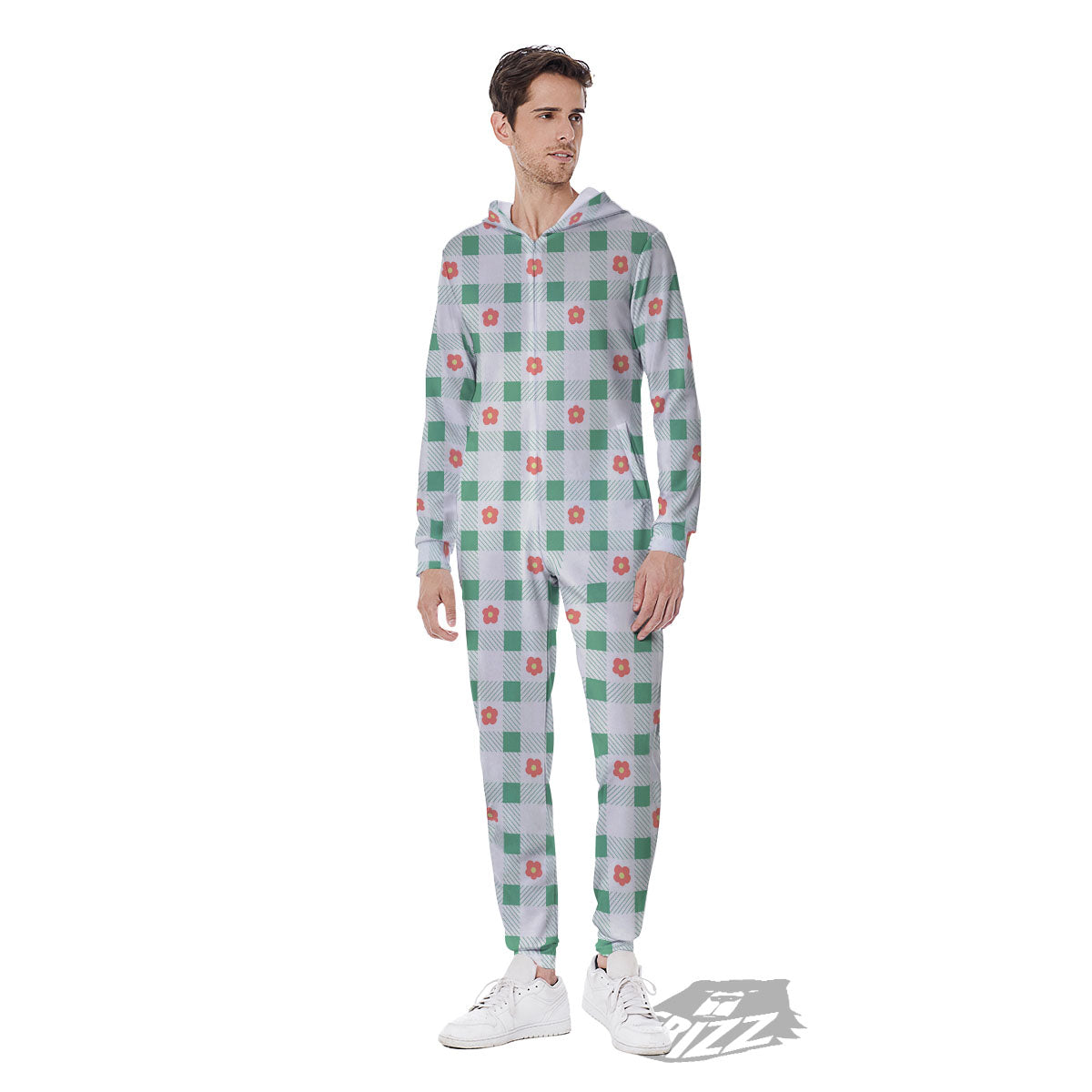 Daisy Tartan Green Print Pattern Men's Jumpsuit-grizzshop