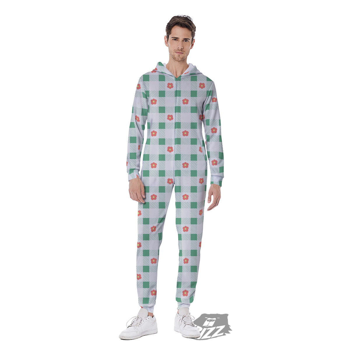 Daisy Tartan Green Print Pattern Men's Jumpsuit-grizzshop