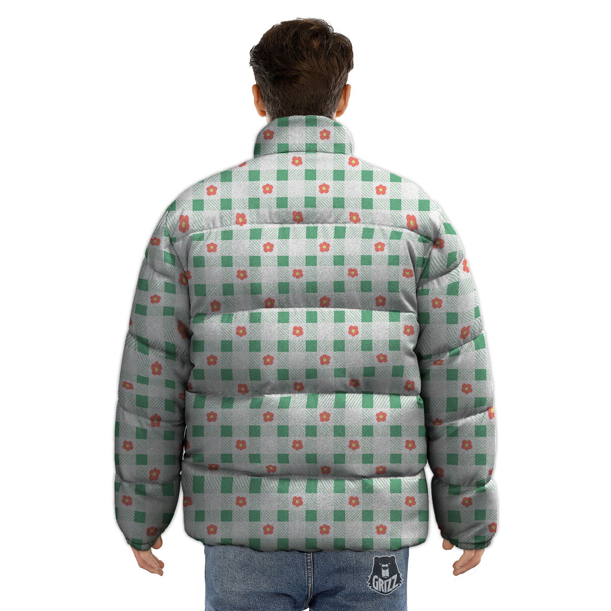 Daisy Tartan Green Print Pattern Puffer Jacket-grizzshop