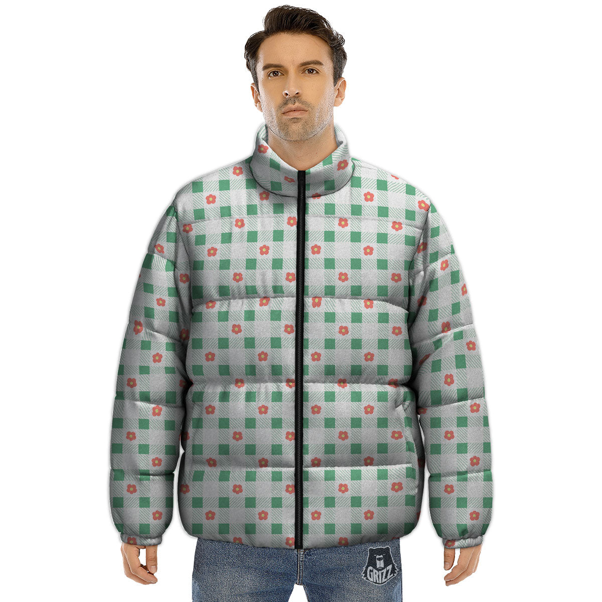 Daisy Tartan Green Print Pattern Puffer Jacket-grizzshop