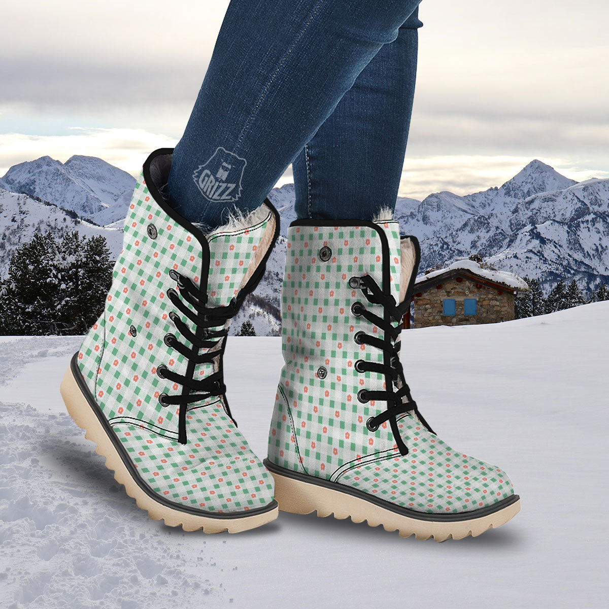 Daisy Tartan Green Print Pattern Snow Boots-grizzshop