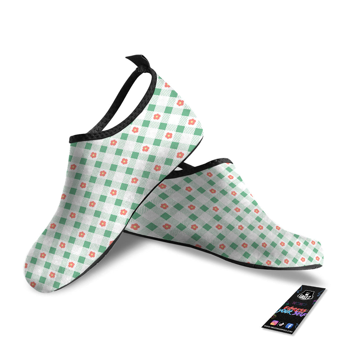 Daisy Tartan Green Print Pattern Water Shoes-grizzshop