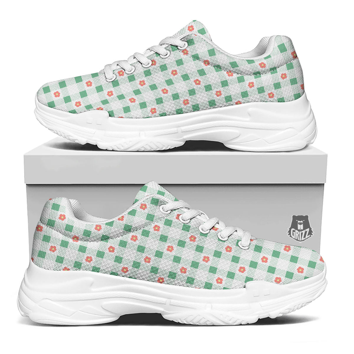 Daisy Tartan Green Print Pattern White Chunky Shoes-grizzshop