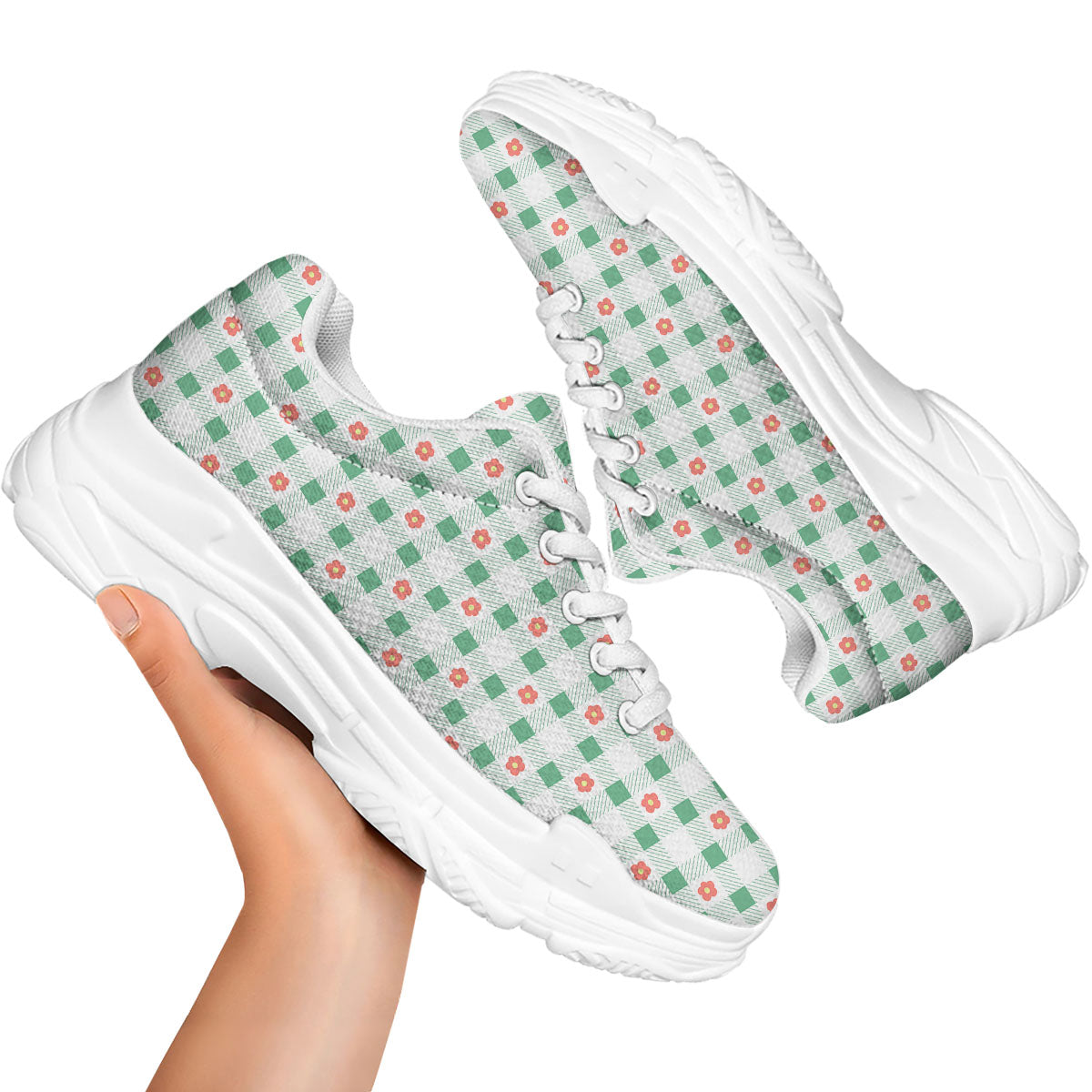 Daisy Tartan Green Print Pattern White Chunky Shoes-grizzshop