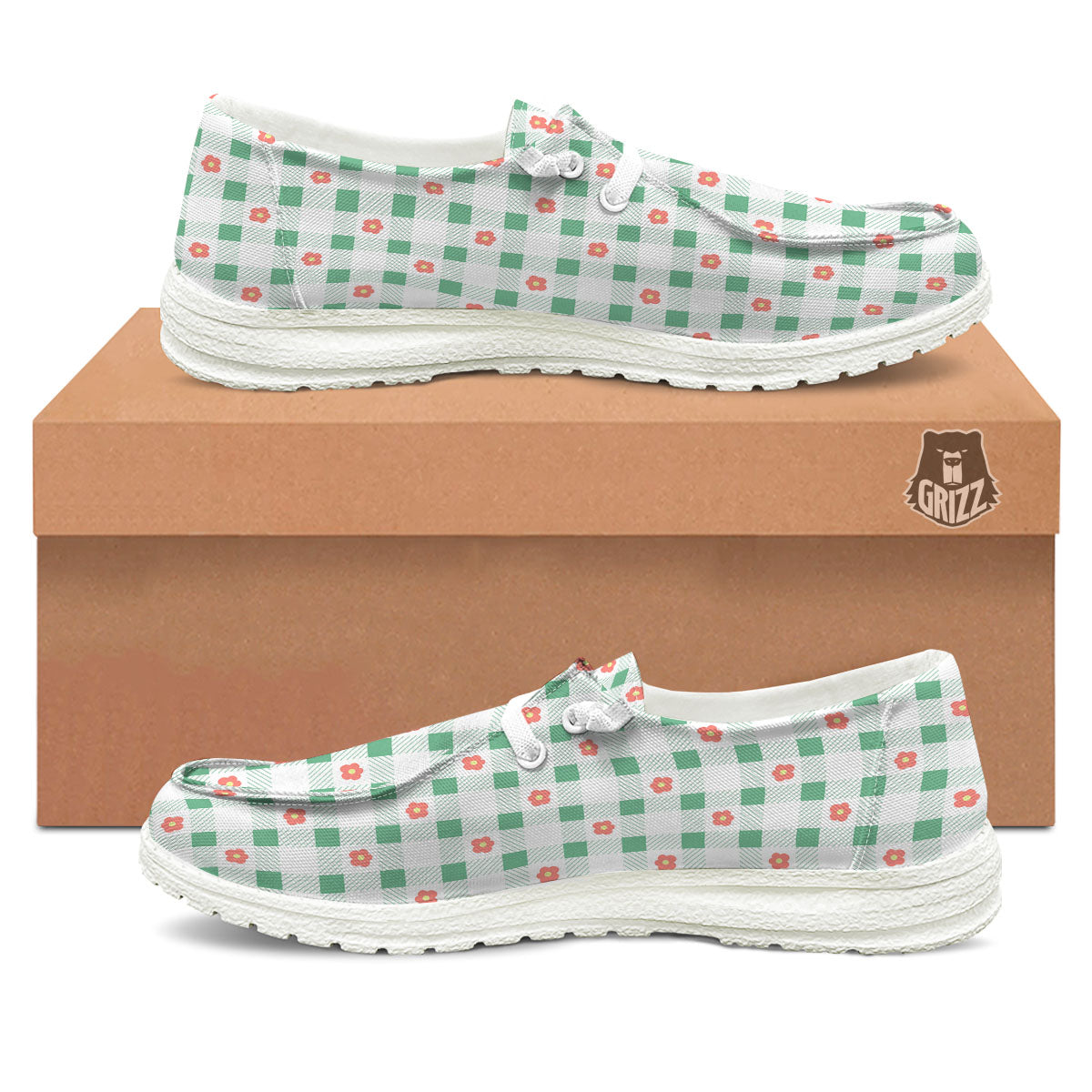 Daisy Tartan Green Print Pattern White Loafers-grizzshop