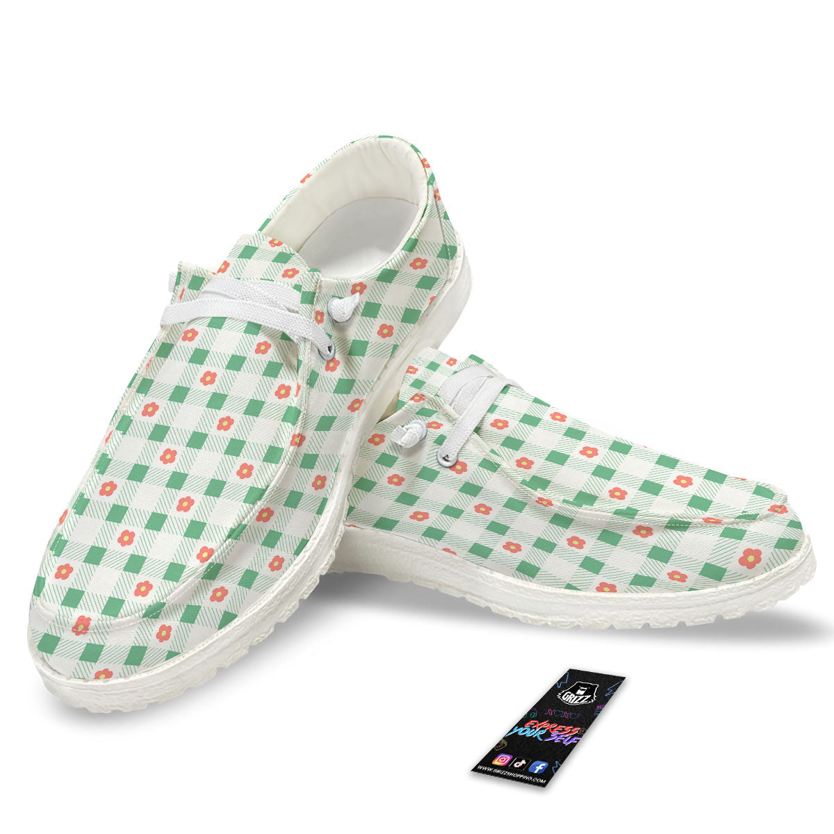 Daisy Tartan Green Print Pattern White Loafers-grizzshop