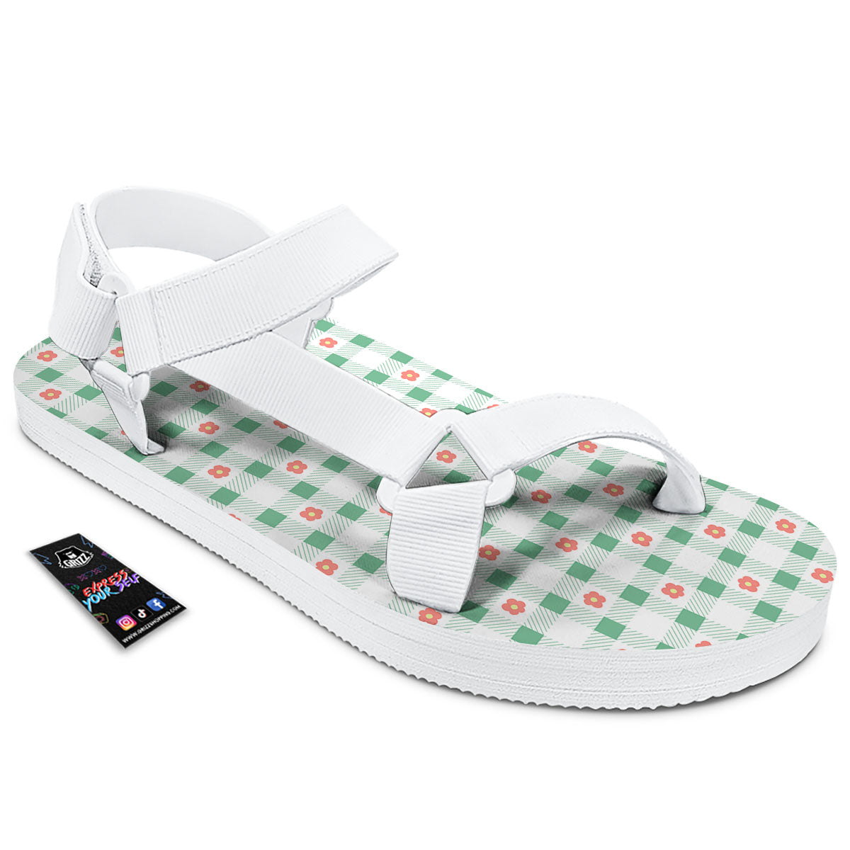 Daisy Tartan Green Print Pattern White Open Toe Sandals-grizzshop