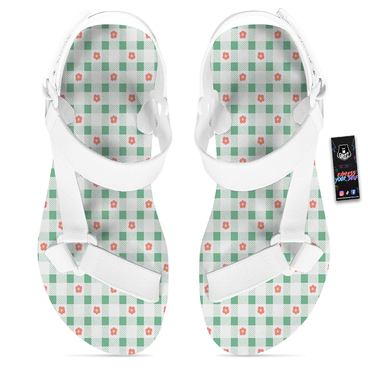 Daisy Tartan Green Print Pattern White Open Toe Sandals-grizzshop