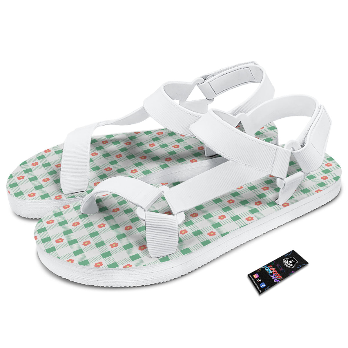 Daisy Tartan Green Print Pattern White Open Toe Sandals-grizzshop