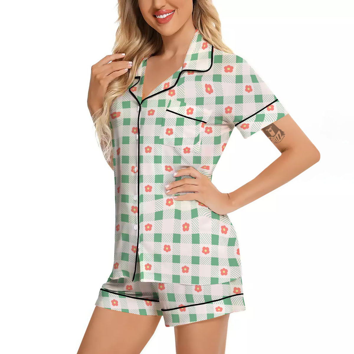 Daisy Tartan Green Print Pattern Women Silk Pajamas-grizzshop