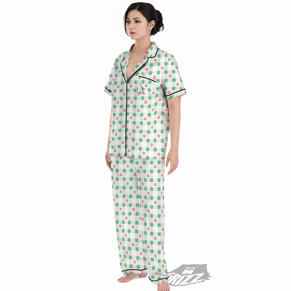 Daisy Tartan Green Print Pattern Women's Pajamas Set-grizzshop