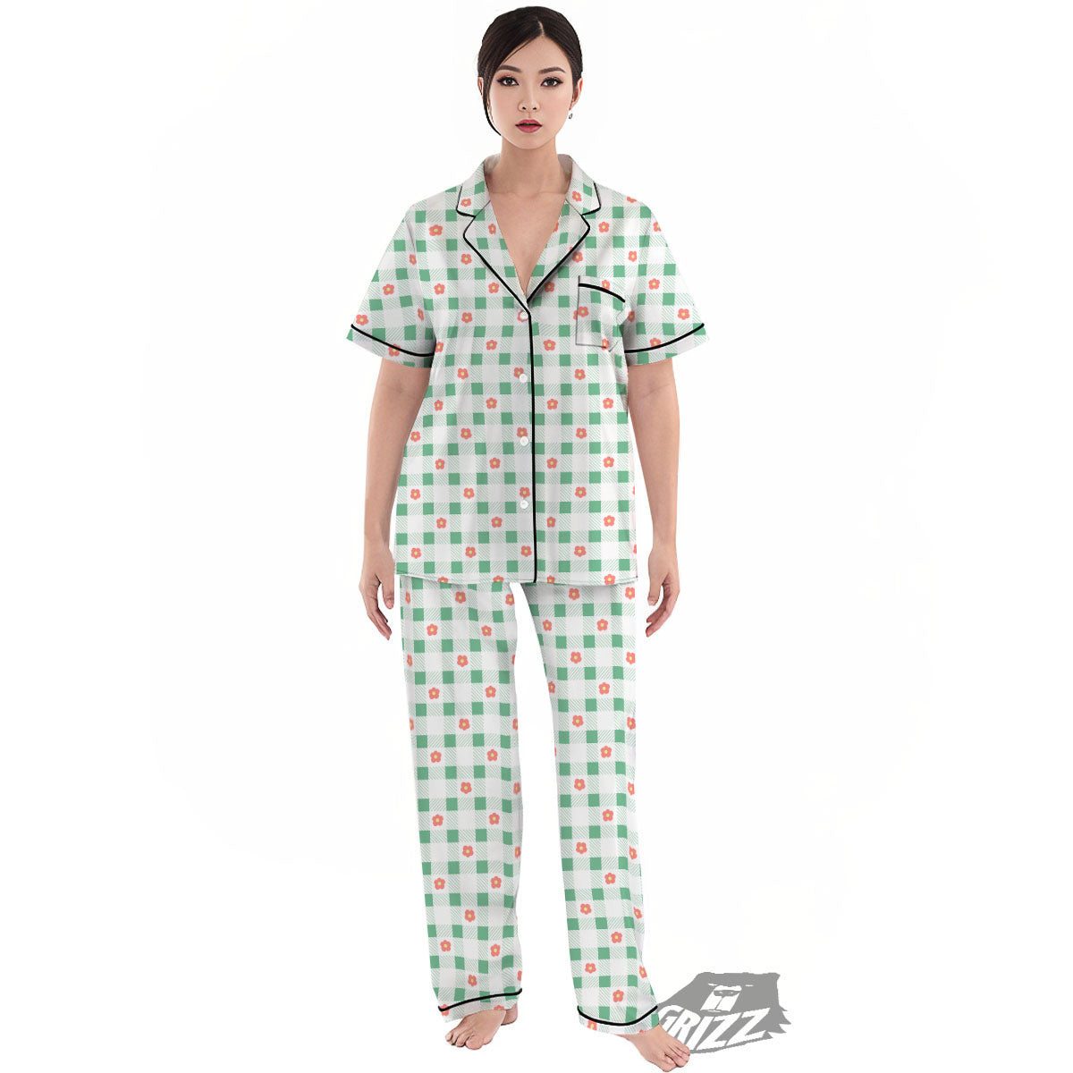 Daisy Tartan Green Print Pattern Women's Pajamas Set-grizzshop