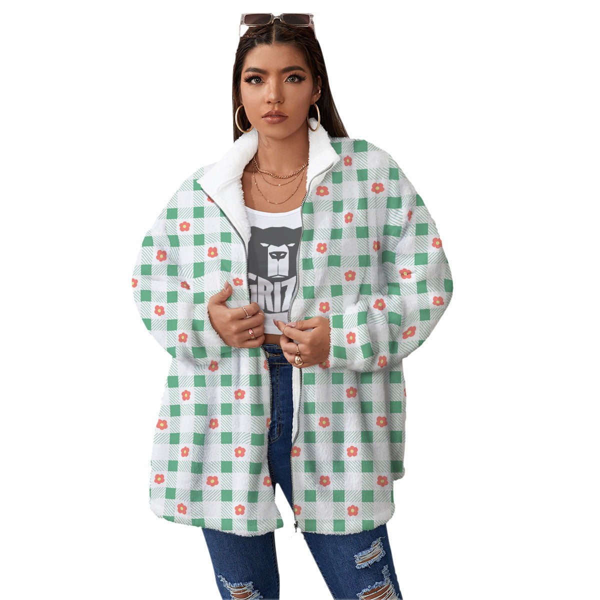 Daisy Tartan Green Print Pattern Women's Sherpa Jacket-grizzshop