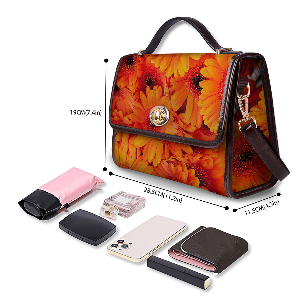 Daisy Orange Flower Print Women's Satchel Bag