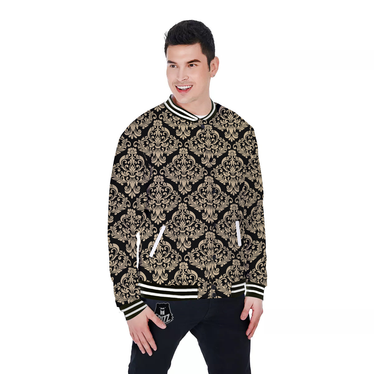 Damask Beige And Black Print Pattern Baseball Jacket-grizzshop