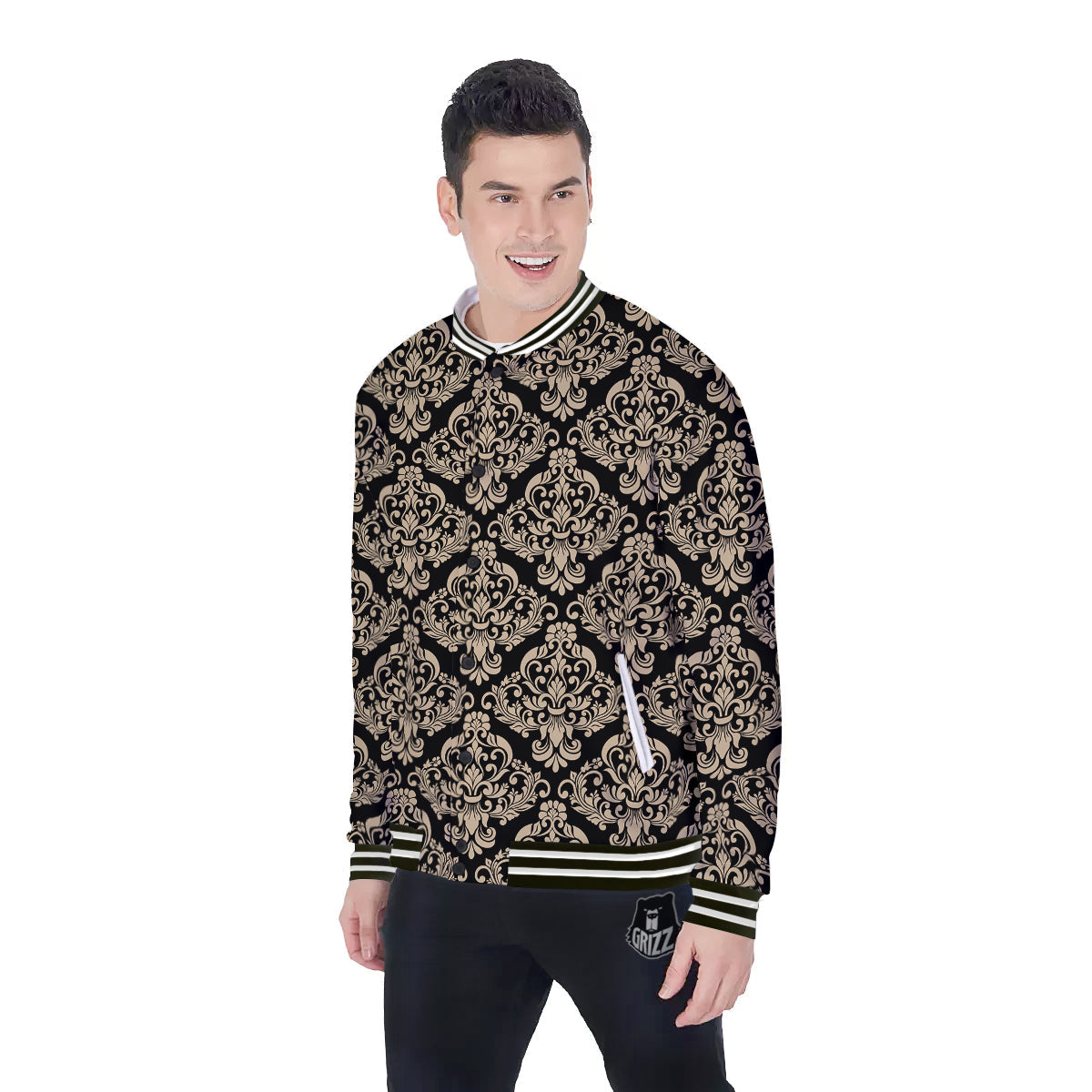 Damask Beige And Black Print Pattern Baseball Jacket-grizzshop