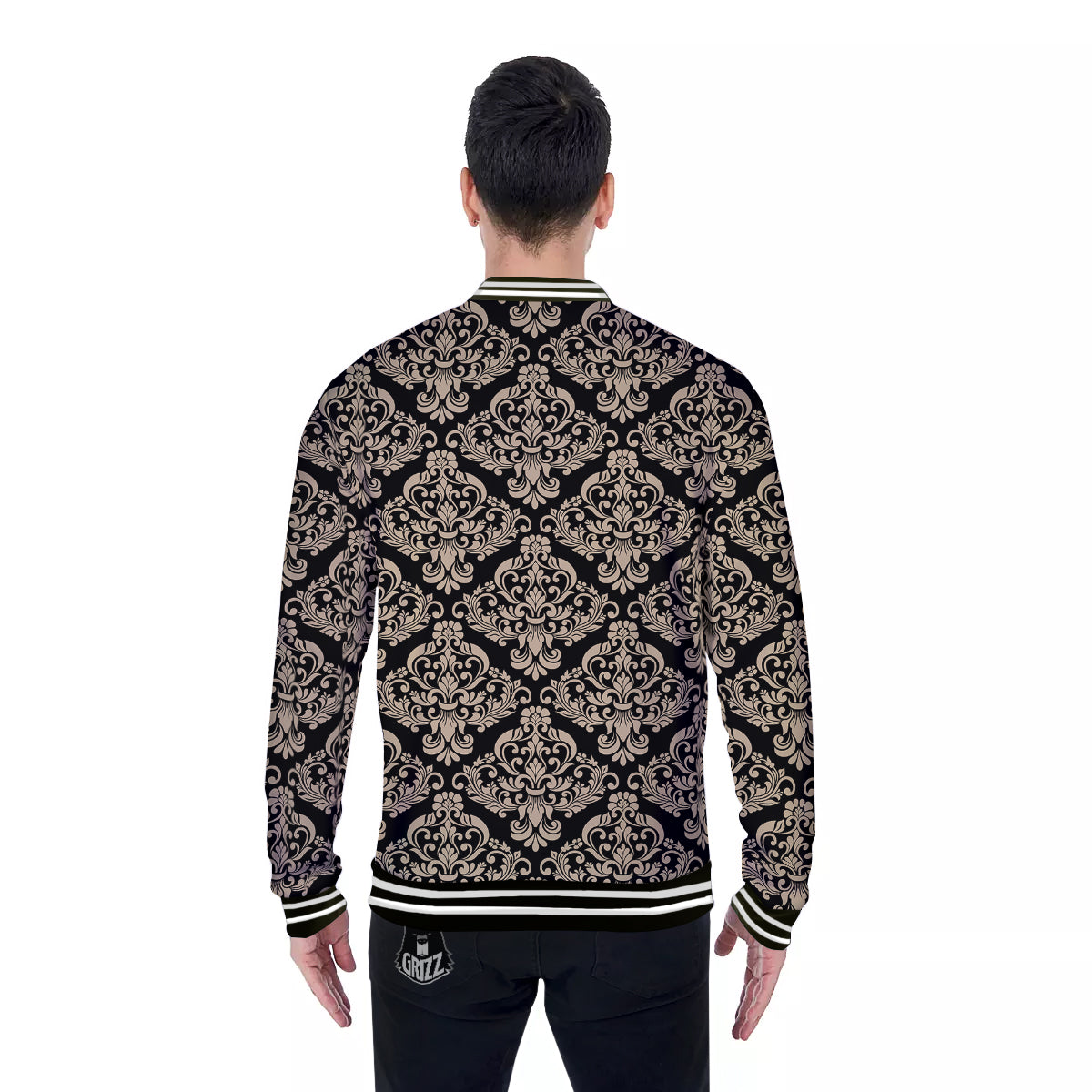 Damask Beige And Black Print Pattern Baseball Jacket-grizzshop