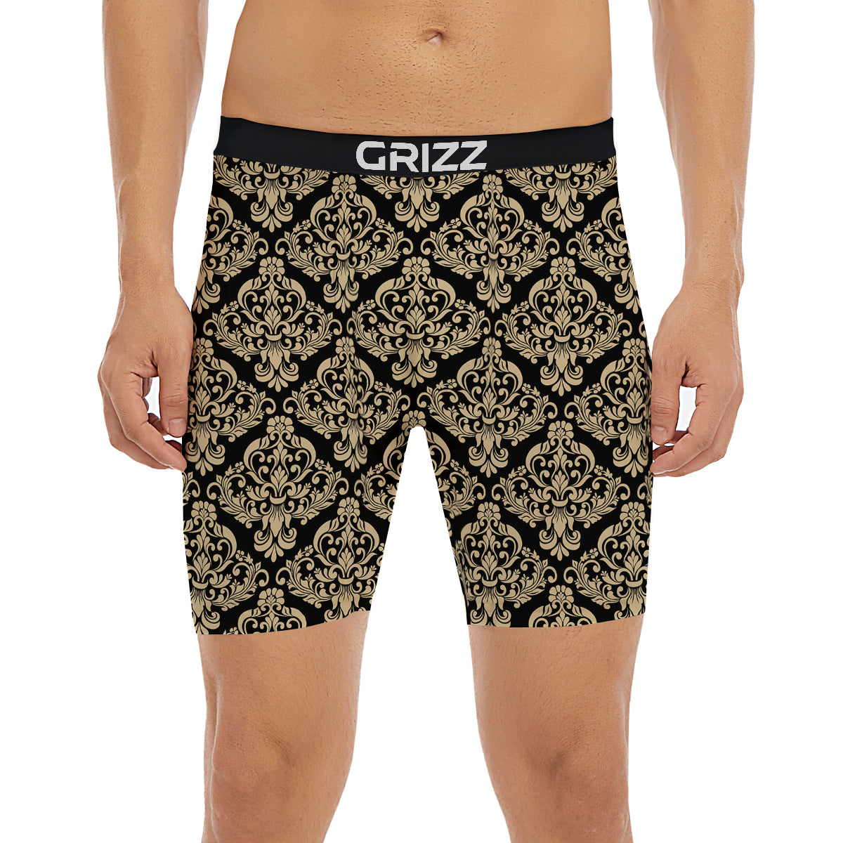 Damask Beige And Black Print Pattern Boxer Briefs-grizzshop
