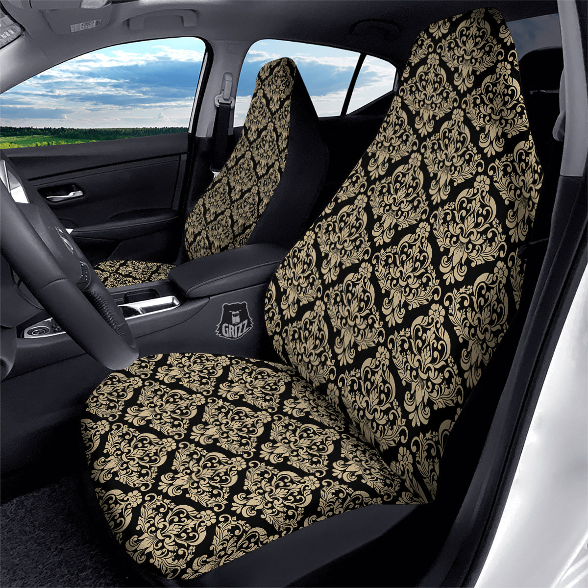 Damask Beige And Black Print Pattern Car Seat Covers-grizzshop