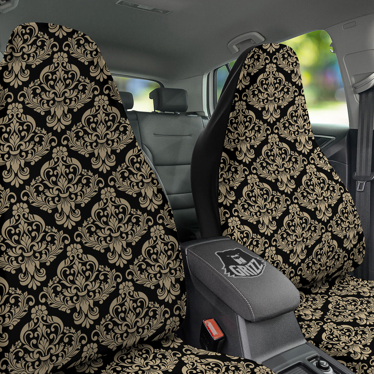 Damask Beige And Black Print Pattern Car Seat Covers-grizzshop